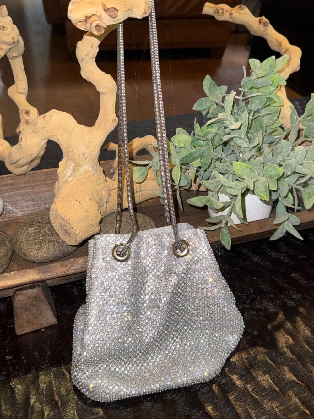 Silver Evening Bag Covered in Rhinestone Mesh